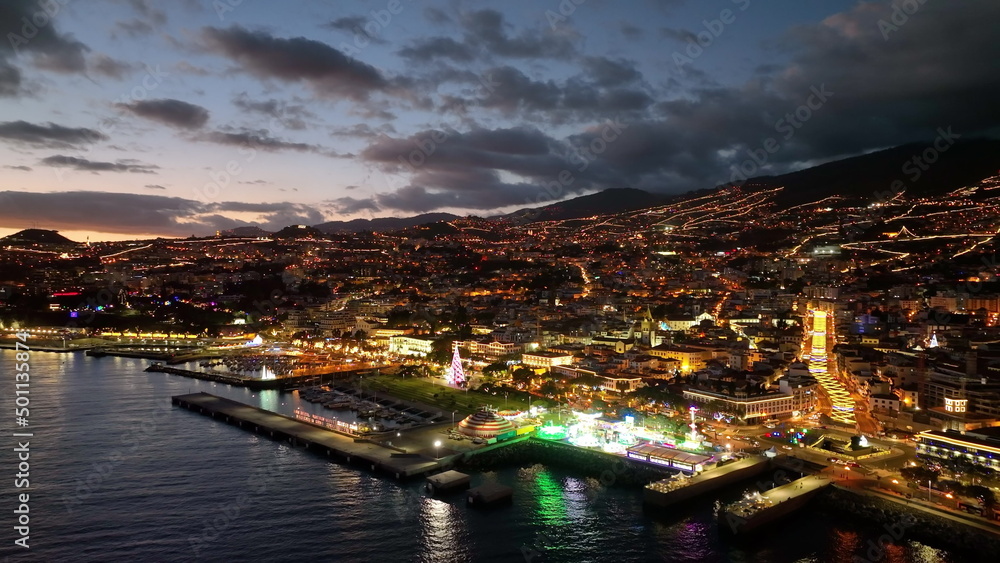 Top view of Funchal town on Madeira. City bay on the island.