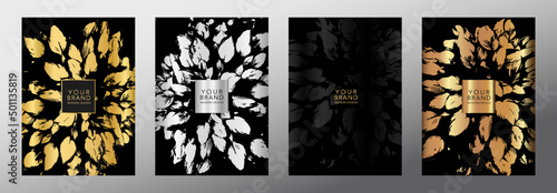 Floral cover design set with premium flower in black and gold color. Luxury summer elegant vector background pattern for wedding invitation, menu, eco catalog, summer sale, holiday poster