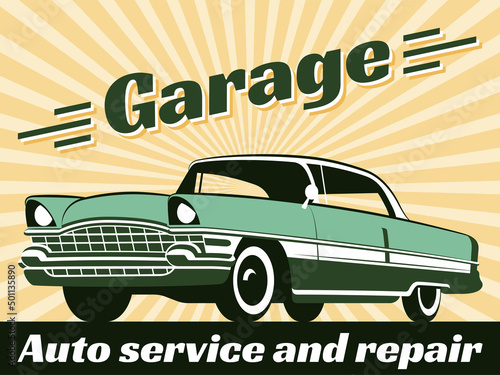 Vintage poster flat vector illustration a retro car