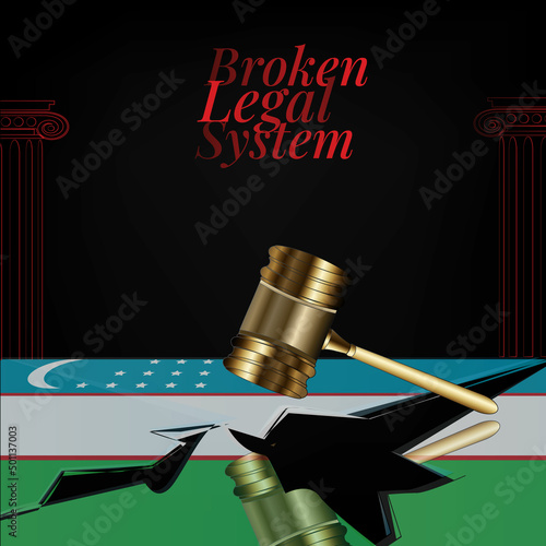 Uzbekistan's broken legal system concept art.Uzbekistan's flag and gavel