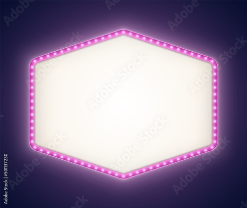 Purple retro lightbox with white light bulbs, vintage theater signboard mockup isolated on a dark background. Pink hexagonal commercial announcement banner. Marquee billboard with lamps.