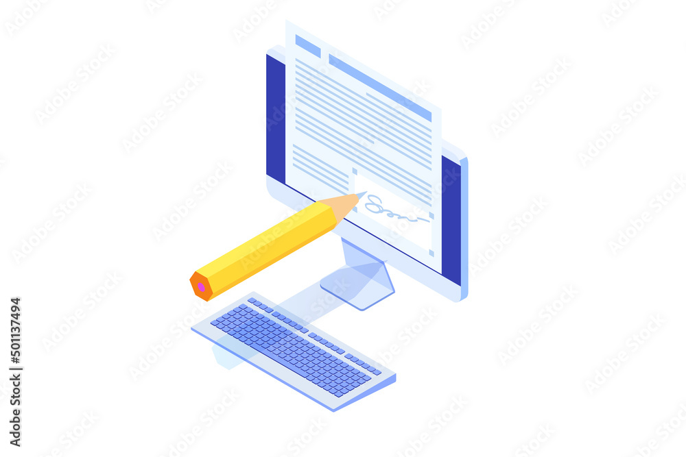 Digital signature isometric, Electronic Smart contract. Vector illustration Digital signature isometric, Electronic Smart contract. Vector illustration
