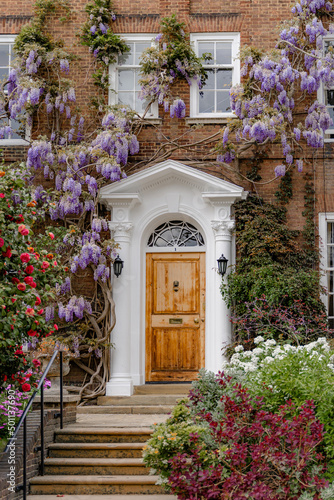 Canvas Print Beautiful wisteria and a rose bush in garden near  an old house