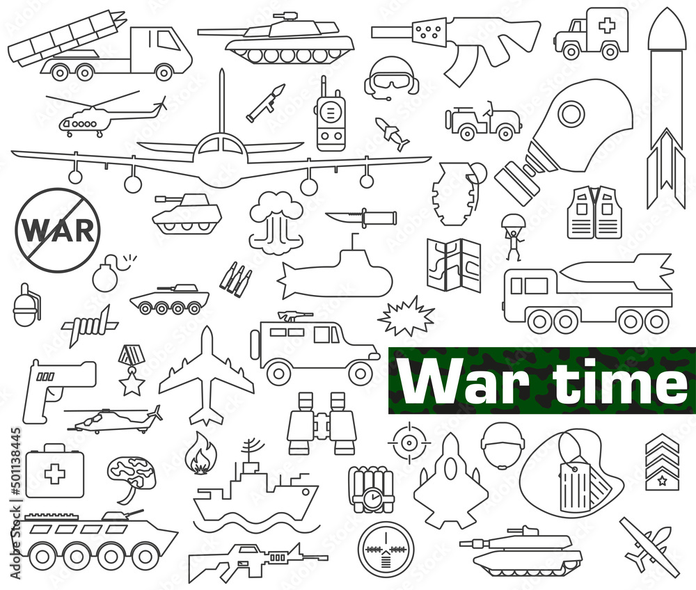 Vector set of army icons. War, military affairs. Military icons set. Vector illustration. Everything for the war. Vector set of army icons. War, military affairs. Military icons set. Vector illustration. Everything for the war.
