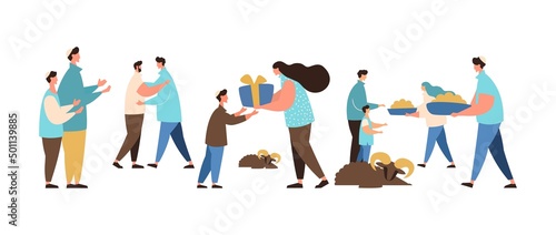 Muslim people celebration Eid Al Fitr after Ramadan . Asian man congratulate each other, pray, give gifts and donations