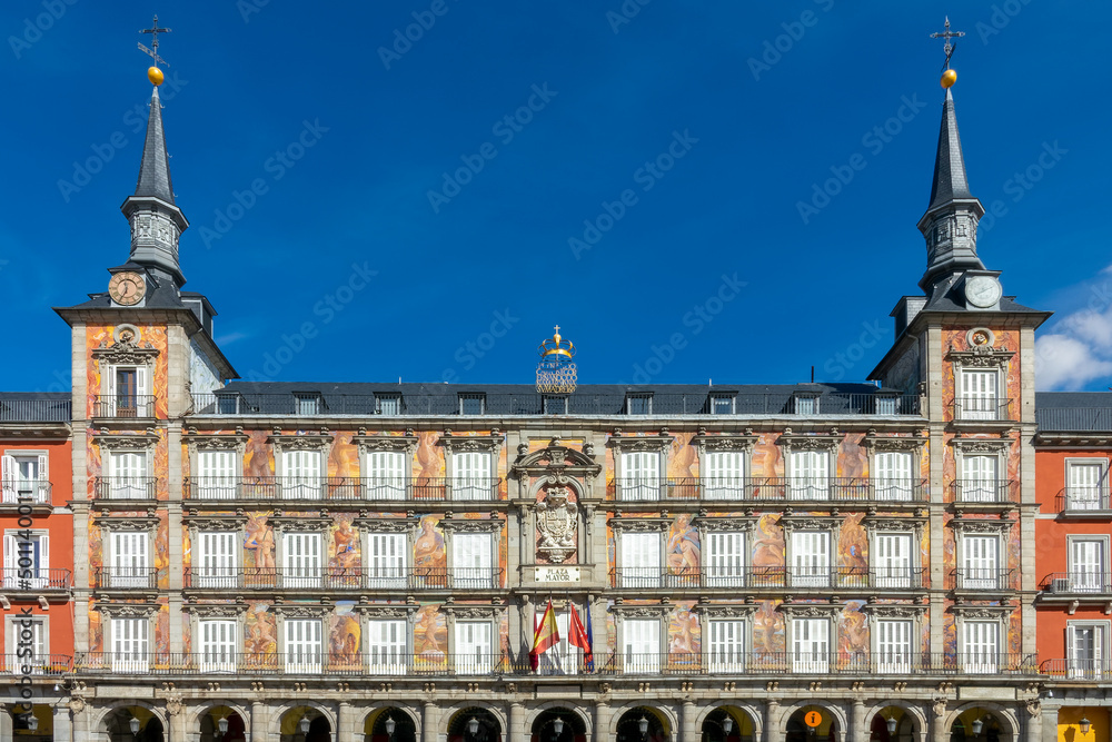 Beautiful building on Plaza Mayor (town square) in Madrid Spain