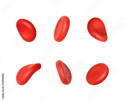 3d render red blood cells iron isolated. Set flow diferent erythrocytes shapes on white background. Realistic medical vector illustration.