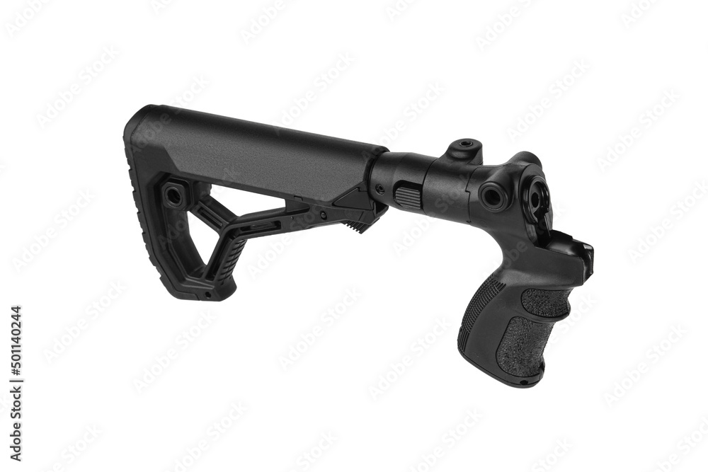 Modern plastic folding buttstock with a weapon handle. Replaceable part of the gun. Isolate on a white back.