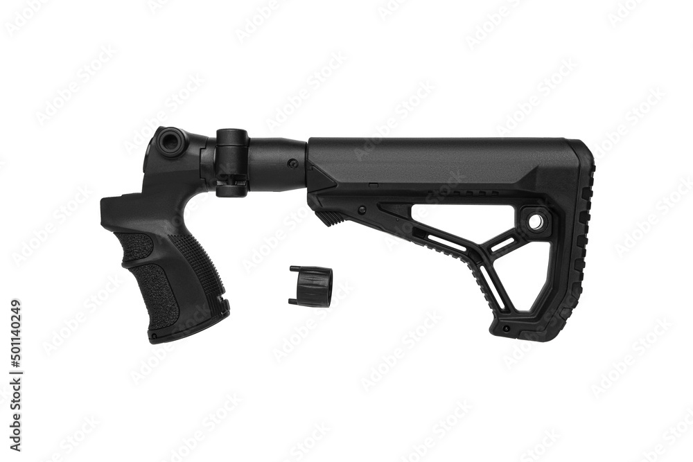 Modern plastic folding buttstock with a weapon handle. Replaceable part of the gun. Isolate on a white back.