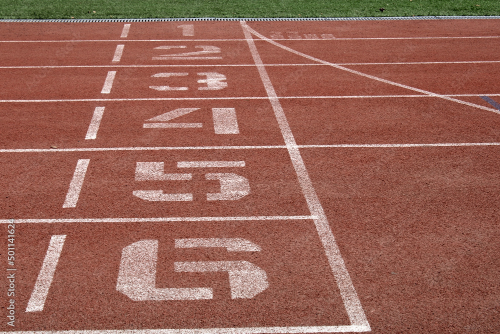 Running track at the school stadium. Start line. 