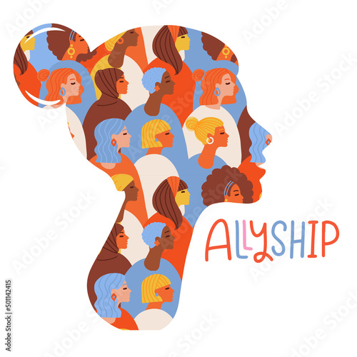Female profile silhouette made of many multicultural women and girls. Allyship - lettering for community in social network. Pattern forming a woman head. Flat hand drawn vector illustration.