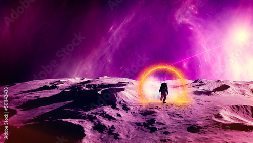 Travel in space time. Time traveler enters a portal that unites two worlds. Futuristic landscape of another planet. Sci-fi. New worlds and colonization of other planets. Astronaut. 3d rendering photo
