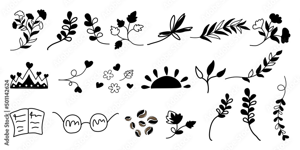 Fototapeta premium Black leaf and flower decorative elements vector set Designed in doodle style for cards, fabric patterns, digital printing, decorations, springs, etc.