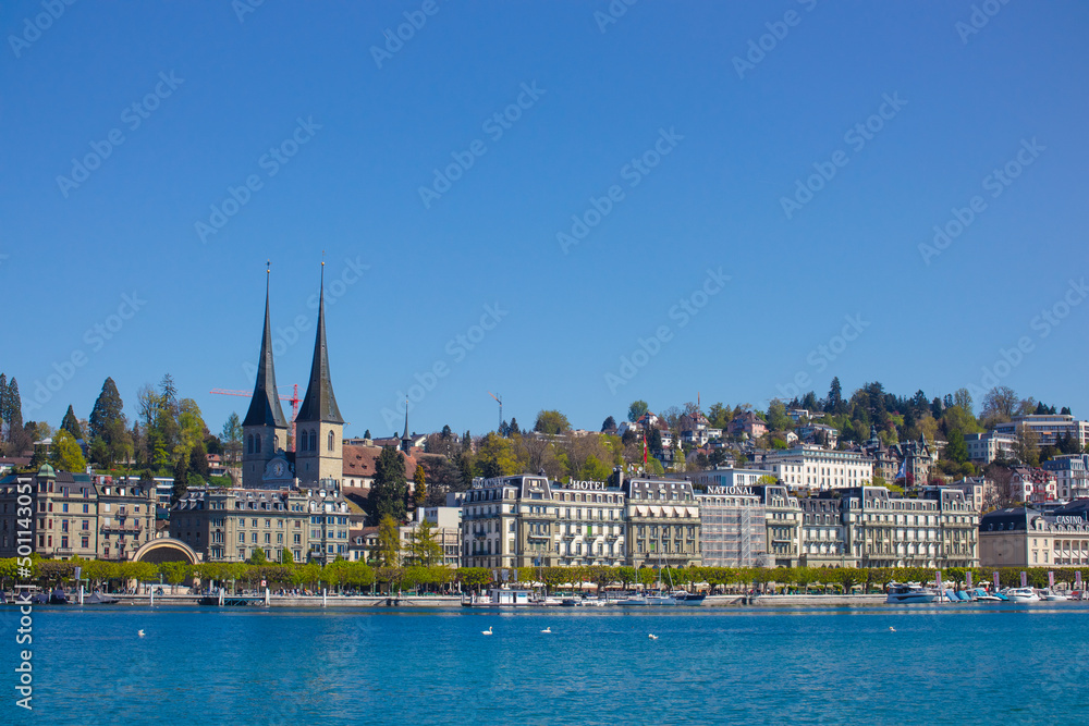 morning sun in the city center of Lucerne with the famous Chapel Bridge and lake Lucerne, Canton of Lucerne, Switzerland