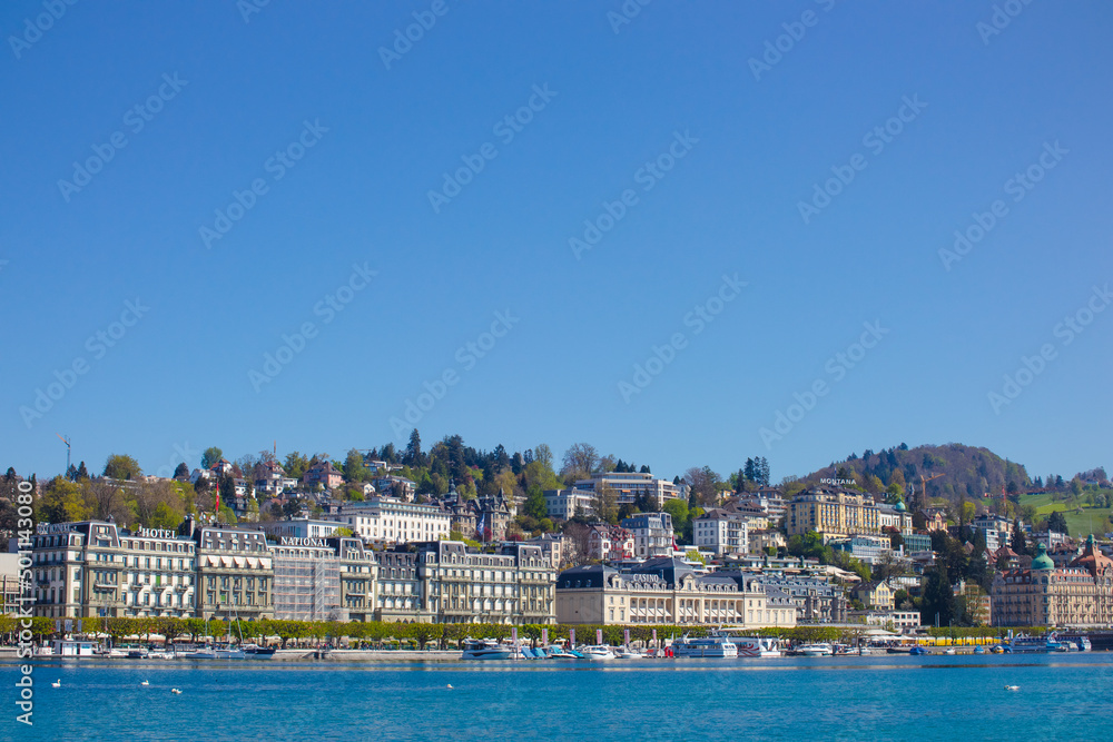 morning sun in the city center of Lucerne with the famous Chapel Bridge and lake Lucerne, Canton of Lucerne, Switzerland