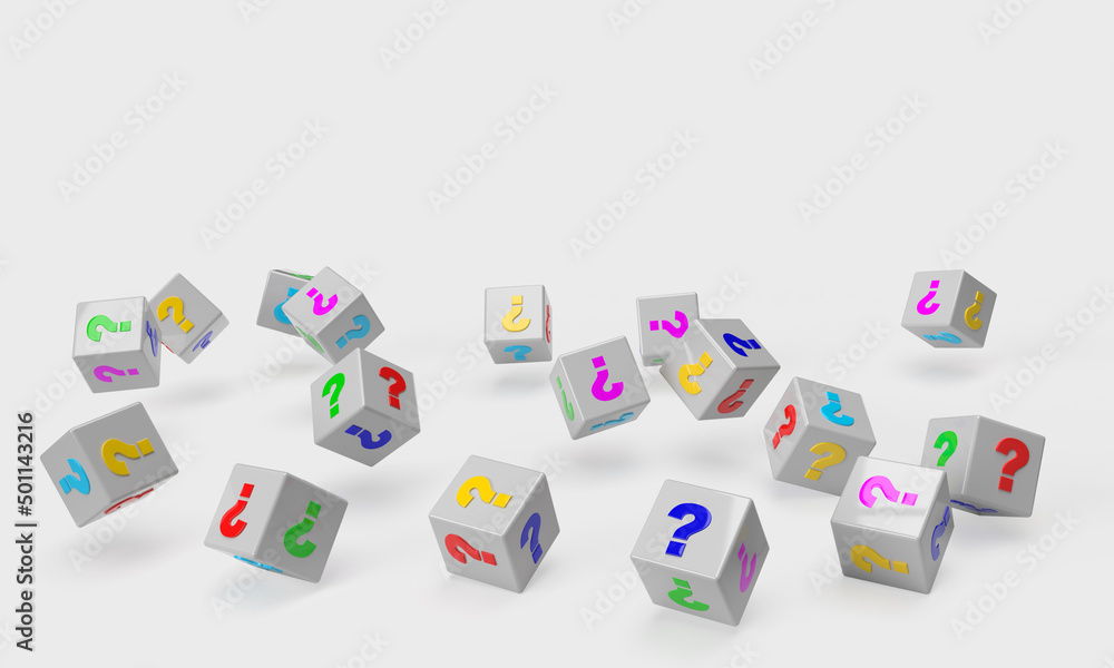 Scattered colorful dice of your choice, bulb idea, exclamation point or question mark on isolated background. Scattered colorful dice of your choice, bulb idea, exclamation point or question mark on isolated background.