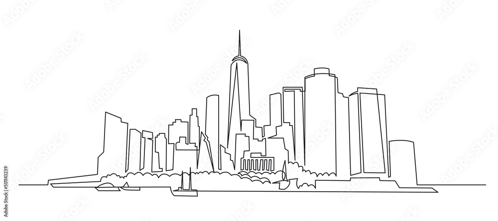 Modern cityscape continuous one line vector drawing. Metropolis architecture panoramic landscape. New York skyscrapers hand drawn silhouette. Apartment buildings isolated minimalistic illustration - obrazy, fototapety, plakaty 