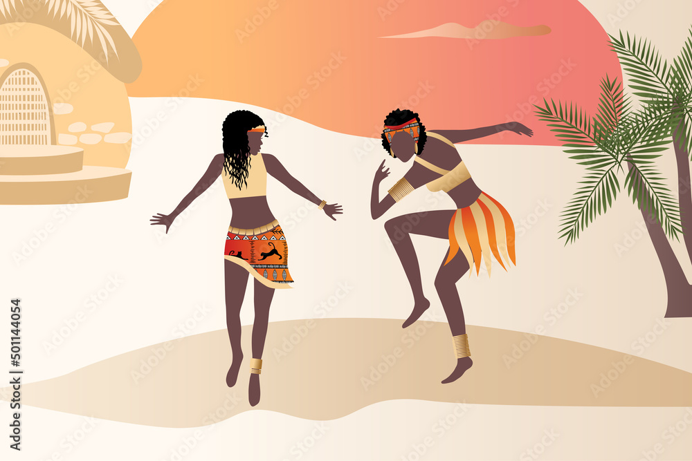 Vector, poster. Two beautiful African women dancing  in the desert, plants, abstract shapes and landscape in the desert and sun. Abstract posters in minimalistic style. Collection of contemporary art.