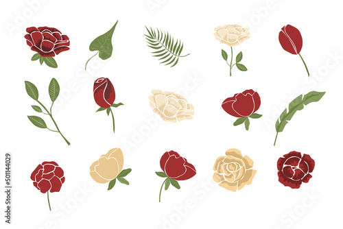 Collection of vector illustrations, colorful flowers, for compositions and design. Isolated on white background. Fashion illustration in trend, set