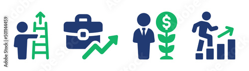 Career growth vector. Business growing icon set. Containing man with stairs, suitcase with arrow up, businessman with dollar plant and person step up symbol vector illustration.