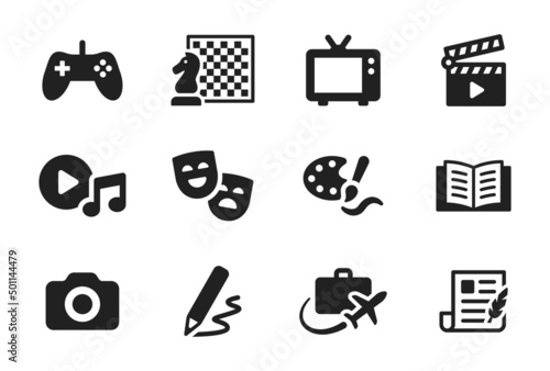 Set of hobby icon vector. Containing console game, chess, television, movie, music, theater, painting, reading, camera, drawing, traveling and writing icon design.