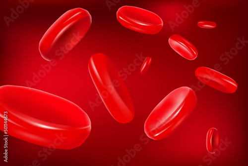 Red background with flow of erythrocytes in plasma. Realistic blood cells. Vector illustration