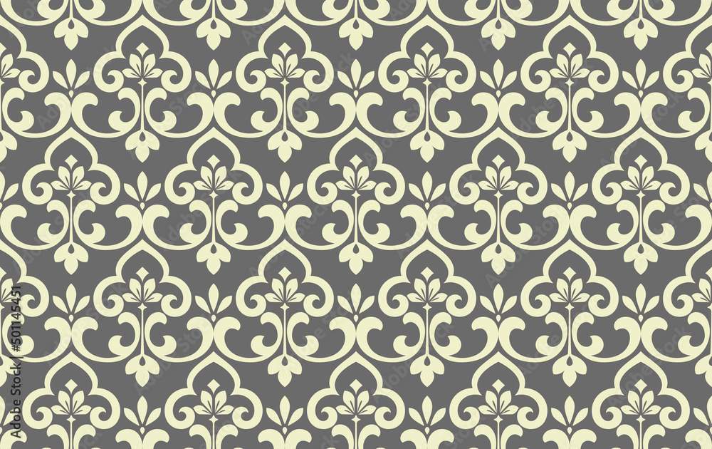 Wallpaper in the style of Baroque. Seamless vector background. Gray floral ornament. Graphic pattern for fabric, wallpaper, packaging. Ornate Damask flower ornament Wallpaper in the style of Baroque. Seamless vector background. Gray floral ornament. Graphic pattern for fabric, wallpaper, packaging. Ornate Damask flower ornament