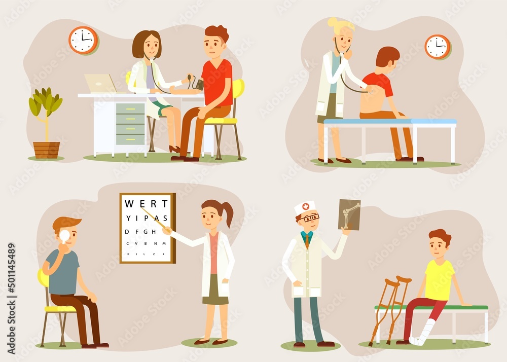 Doctor and patient measuring blood pressure. Medical treatment and healthcare poster, modern clinical analysis and treatment, medical diagnostic tests. Doctor visit in clinic vector illustration