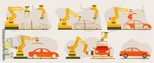 Factory with smart robotic automotive assembly line. Modern engineering systems, automobile production line, car manufacturing process. Conveyor for assembly of cars vector illustration in flat style