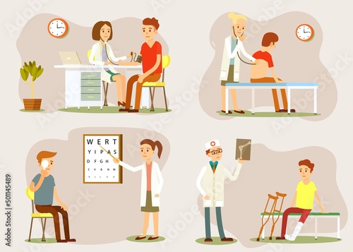 Doctor and patient measuring blood pressure. Medical treatment and healthcare poster, modern clinical analysis and treatment, medical diagnostic tests. Doctor visit in clinic vector illustration