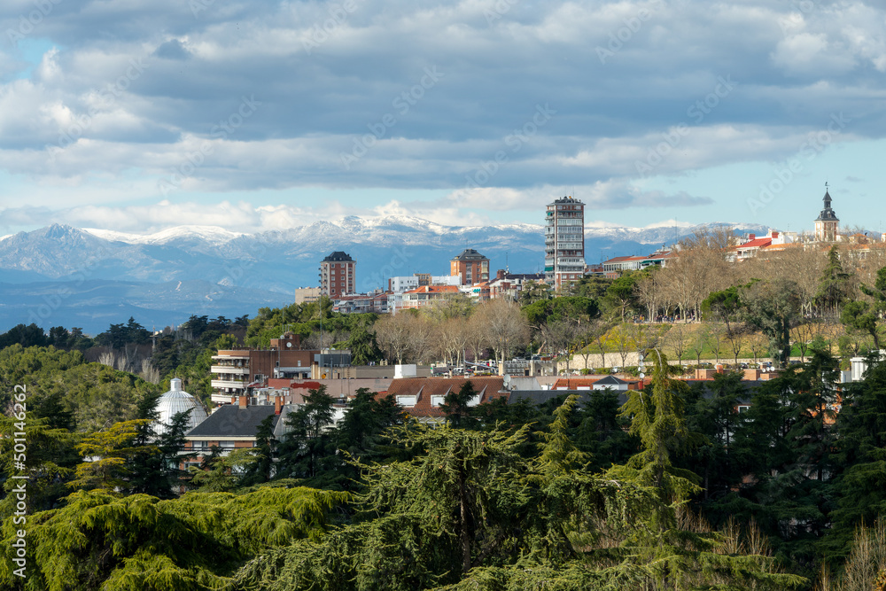 View of the snowy Guadarrama mountains from the city of Madrid, Spain