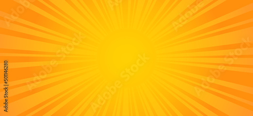 Pop art sun rays background. Vector illustration of retro template for yellow with radial stripes on orange.