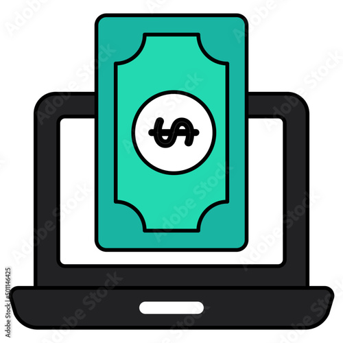 Banknote inside laptop, icon of online money