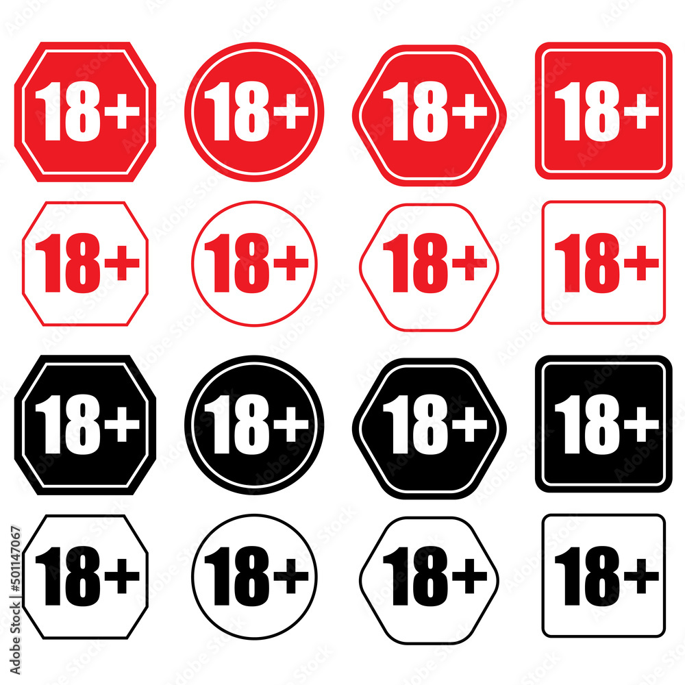 18 plus jpg icons set. Under 18 not sign. Number eighteen circle. Age registration signs isolated on white background.
