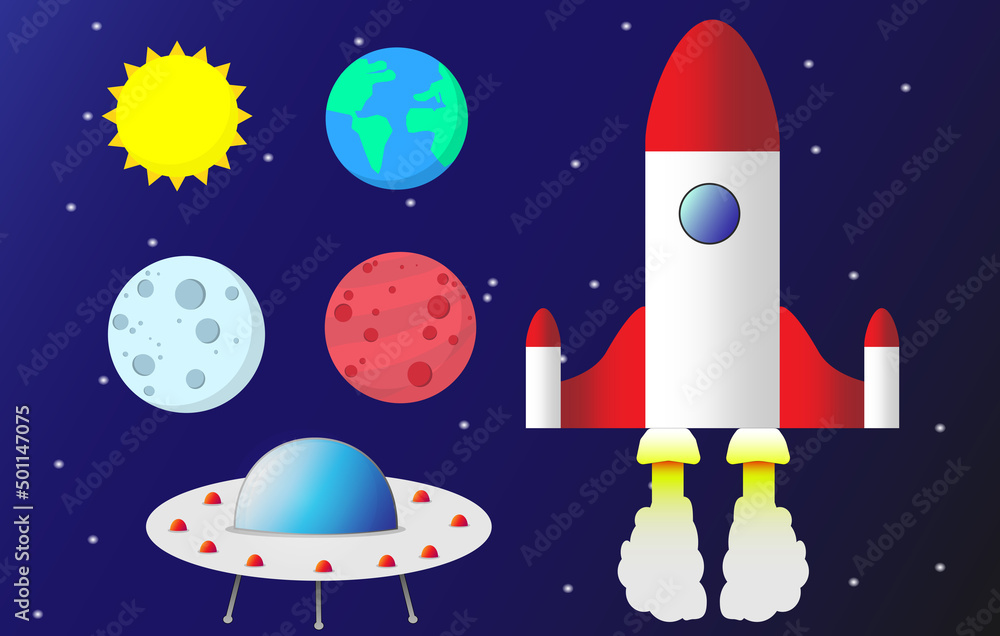 Space! Vector cute illustration of an astronaut, spaceship, rocket, alien, UFO, sky and people for background, card or poster. Children's drawings of the starry sky and galaxy. wallpaper jpg

