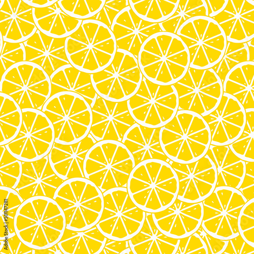 Slices of fresh yellow lemon summer background.  Decorative lemon seamless pattern. Vector illustration. Yellow Lemon Seamless Vector Pattern.