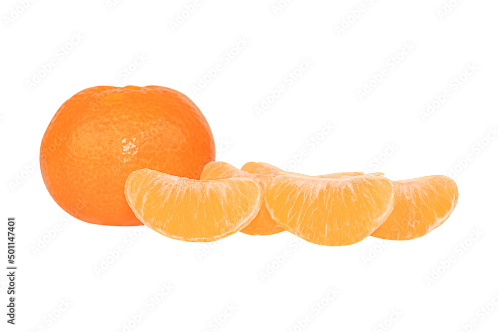 A whole and sliced clementine on the white background A whole and sliced clementine on the white background