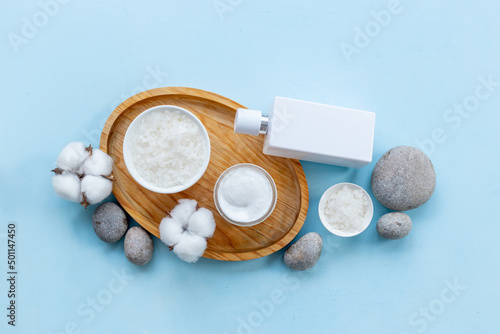 White cosmetic products with bottle and tube, top view © 279photo