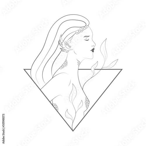 Magic isolated character, fairytale sea Queen, mysterious dark mermaid, beautiful nymph with long thick hair, with scale, tentacles and seaweed.