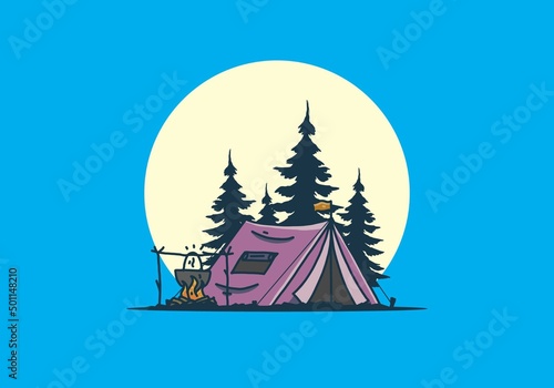 Camping and cooking in nature illustration