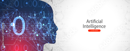 Artificial Intelligence. Technical background with a silhouette of a man. Big data concept. Machine cyber mind.