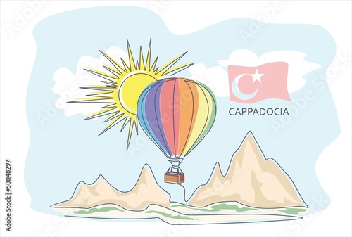 Single one line drawing Cappadocia skyline, Turkey. Air balloon with sun and mountains. Symbol Cappadocia. Best holiday destination postcard art. Continuous line draw.