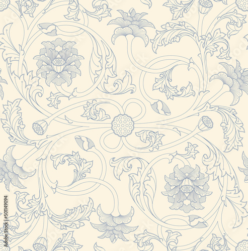 Seamless floral pattern with ornamental, Indian lotus flowers, buds and leaves in blue lines on a off white background 