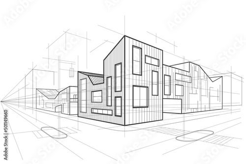 Linear abstract architectural sketch corner modern office building