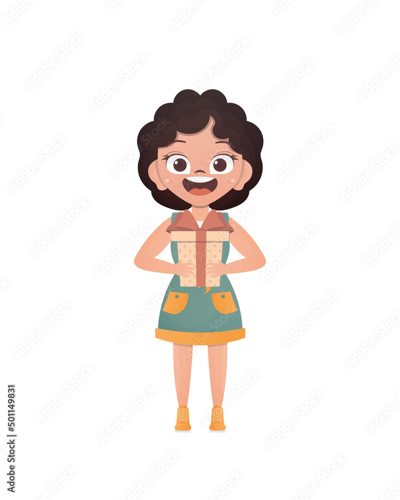 Cute little girl holding a gift box with a bow. Isolated. Cartoon style. Cute little girl holding a gift box with a bow. Isolated. Cartoon style.