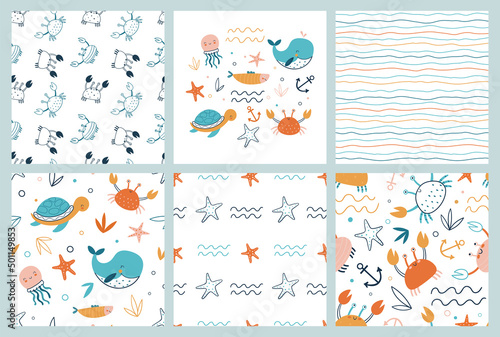 Collection of seamless patterns and prints with sea animals and abstract striped textures in cartoon flat style.