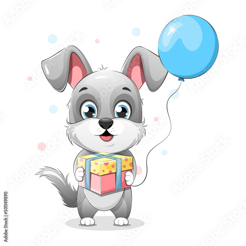 Cheerful gray puppy with a gift box and a balloon