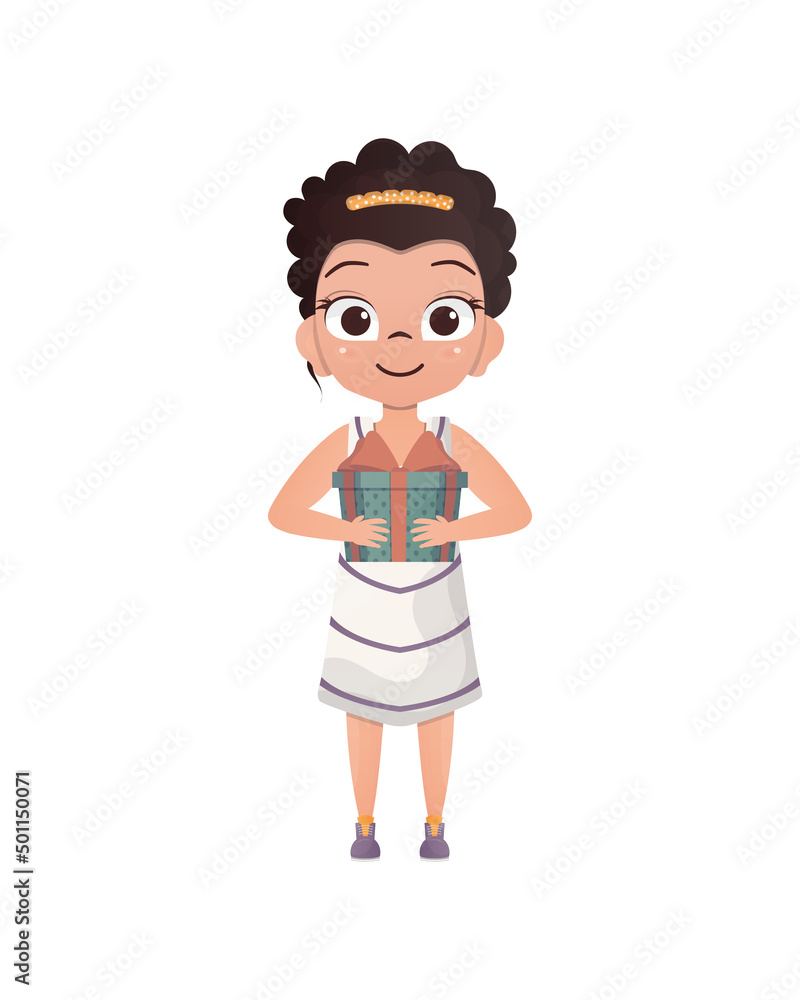 Cute little girl holding a gift box in her hands. Isolated. Cartoon style.