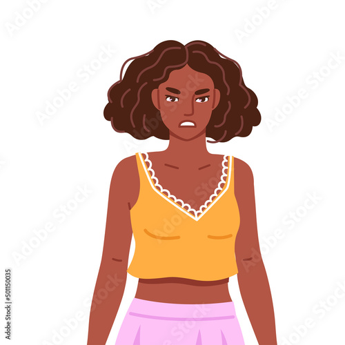 Angry fuming irritated woman clenching fists. Overworked furious girl with wild disheveled hair. Psychological breakdown. Cartoon hand drawn character. Flat isolated vector illustration