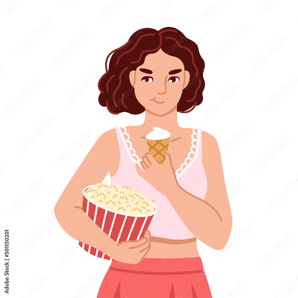 Woman eating ice cream and holding big bucket of popcorn. Food craving, increased appetite. Flat cartoon character. Hand drawn vector illustration Woman eating ice cream and holding big bucket of popcorn. Food craving, increased appetite. Flat cartoon character. Hand drawn vector illustration